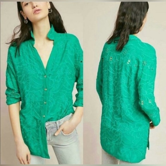 AKEMI + KIN Anthropologie Abacos Green Eyelet Tunic Blouse XS PRISTINE Patty’s - Picture 2 of 13